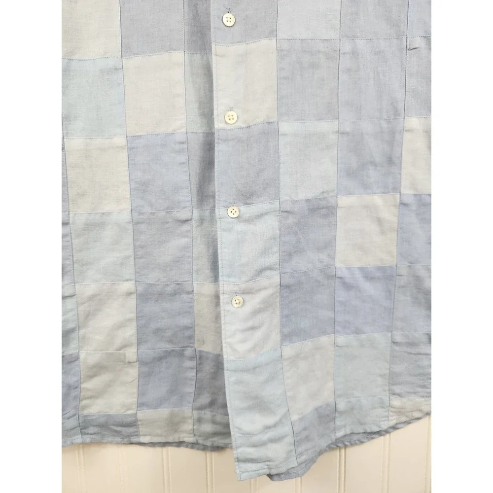 Banana Republic Men Blue Patchwork Linen Cotton Short Sleeve Button Down Shirt M
